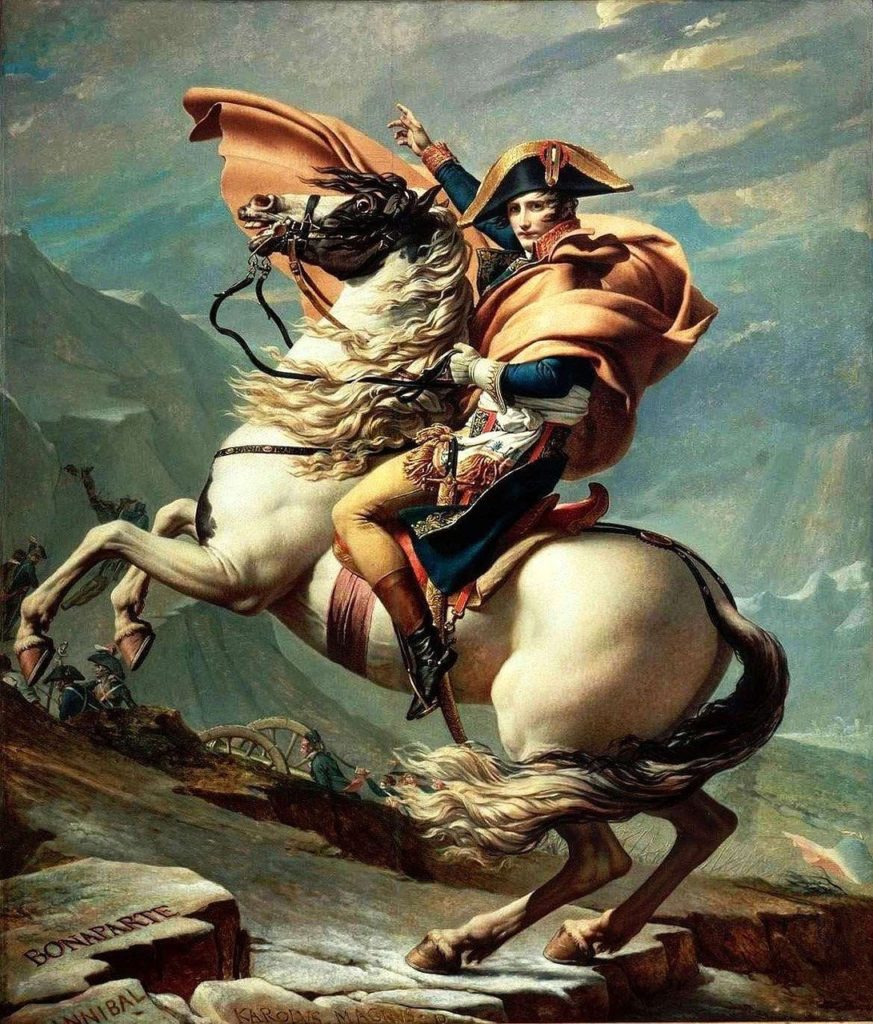 Napoleon Bonaparte op misschien wel het beroemdste schilderij van hem: te paart met een wapen omhoog. Het paard steigert.